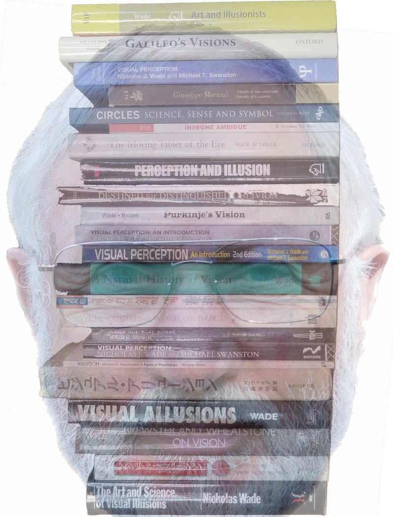 Composite image of Nicholas Wade and a stack of the books he has published